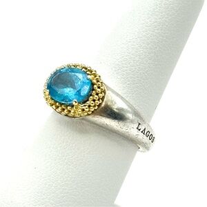 Lagos Caviar Silver & Gold Faceted Blue Topaz Ring Size 7